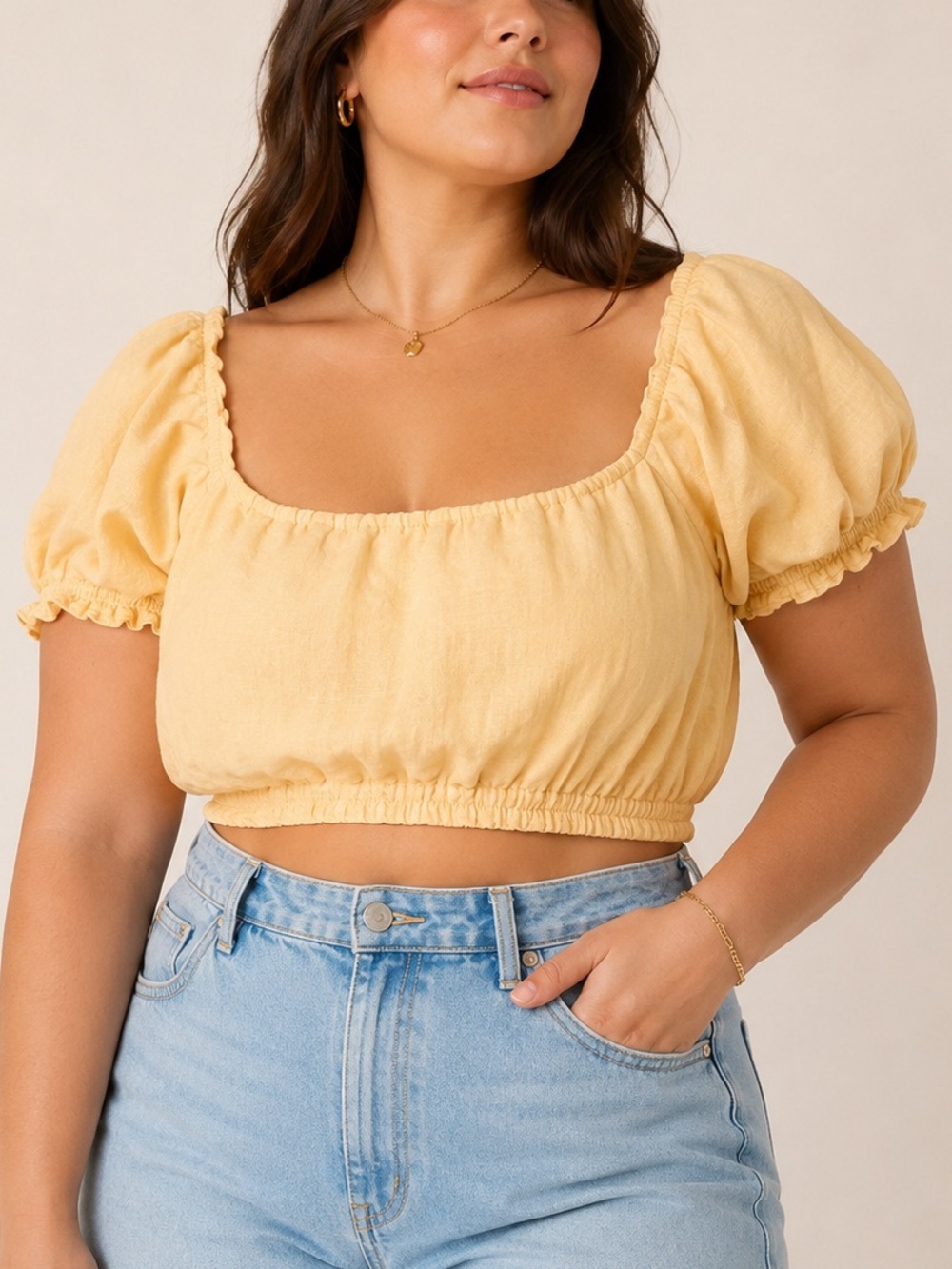 Abercrombie Butter Yellow Linen Blend Puff Sleeve Smocked Crop Top XL NEW NWT